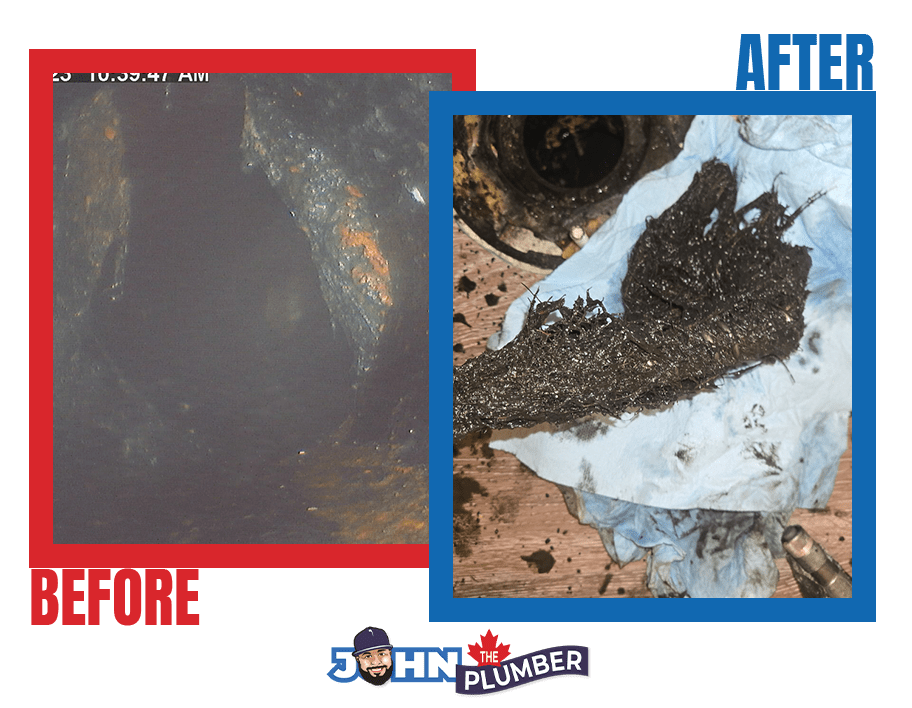 Before and after camera drain inspection showing tree roots removed from a sewer line in York
