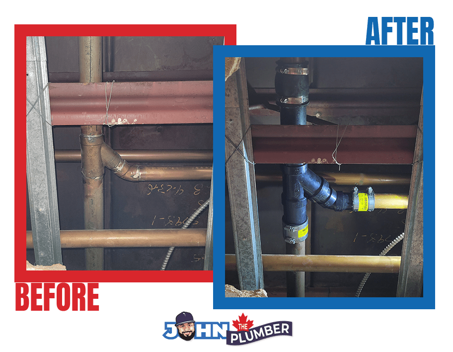 Before and after 3-inch drain pipe replacement in Ottawa
