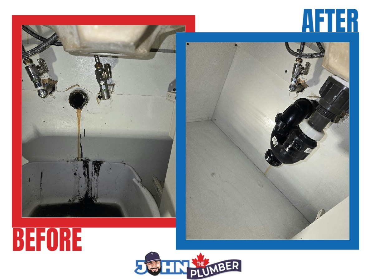 Before and after vanity P-trap replacement