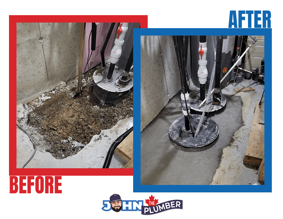 Before and after backup sump pump installation