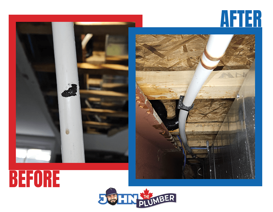 Before and after leaking pipe repair in Ottawa