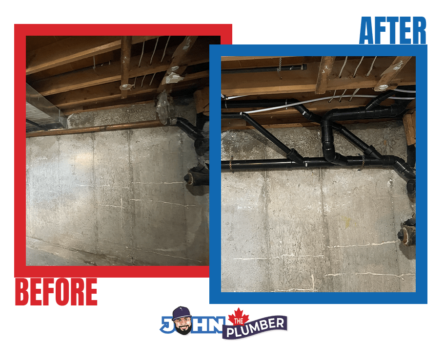 Before and after old copper drain pipe replacement in Ottawa