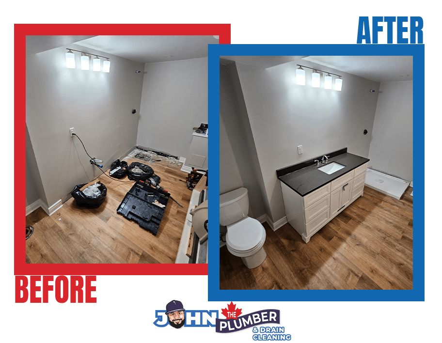 Before and after plumbing rough-in for bathroom vanity and toilet installation in Ottawa