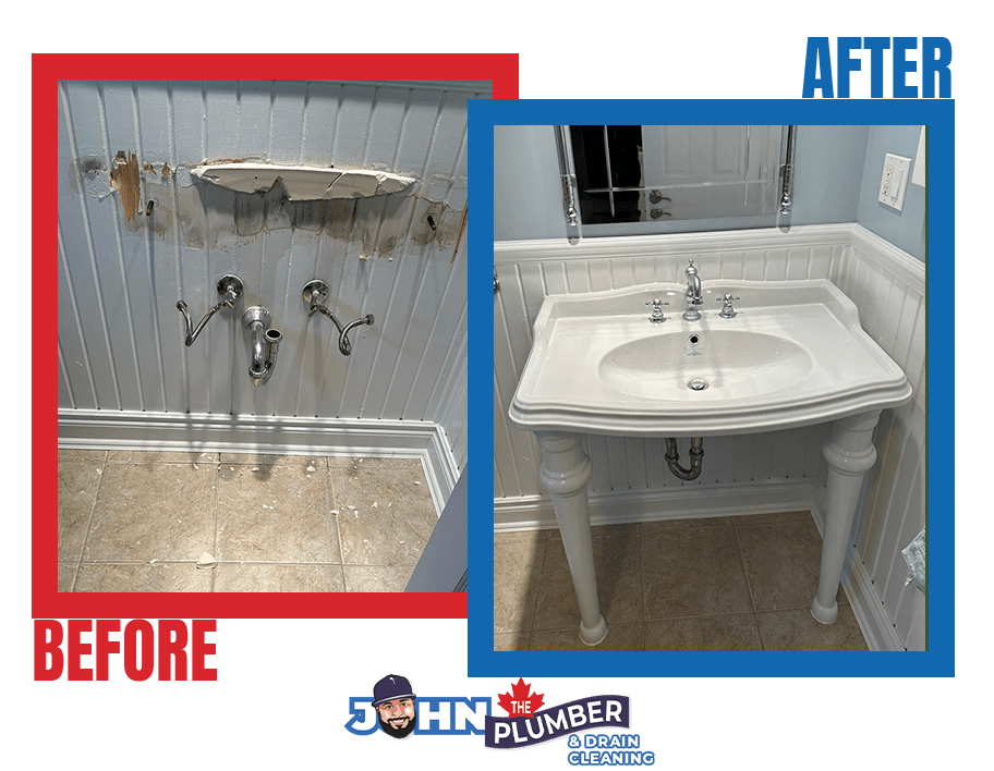 Before and after plumbing rough-in for bathroom vanity installation in Ottawa