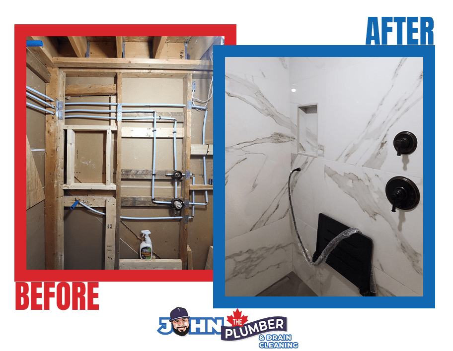 Before and after plumbing rough-in for shower installation in Ottawa