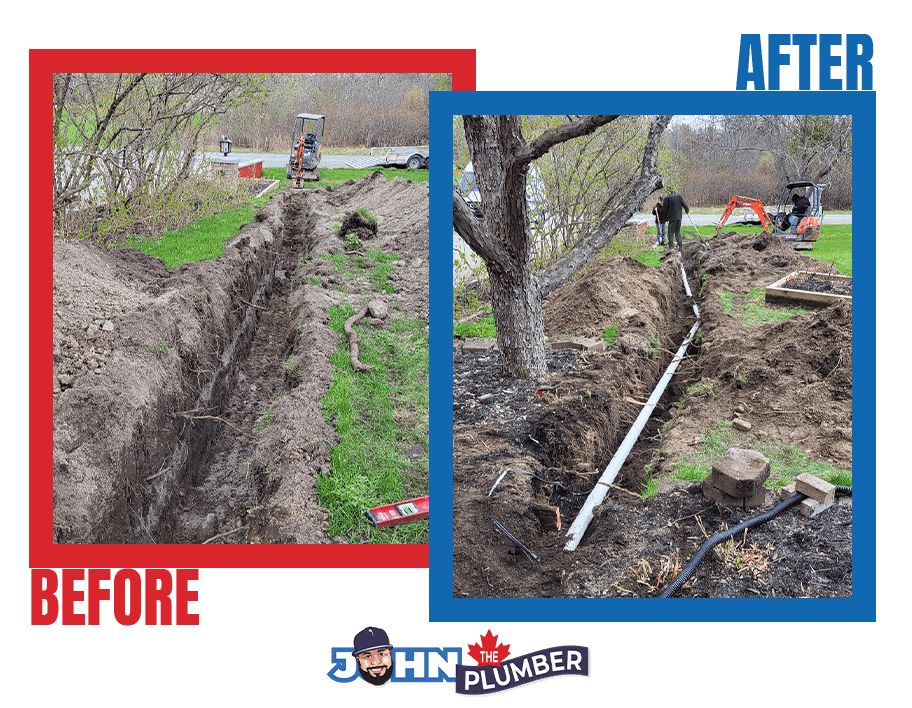 Before and after sump pump discharge line installation