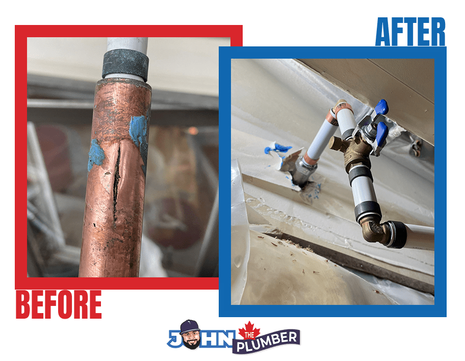 Before and after emergency burst pipe repair in Ottawa