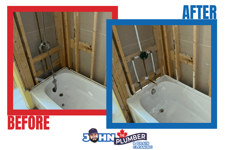 Before and after professional plumbing rough-in work in Ottawa
