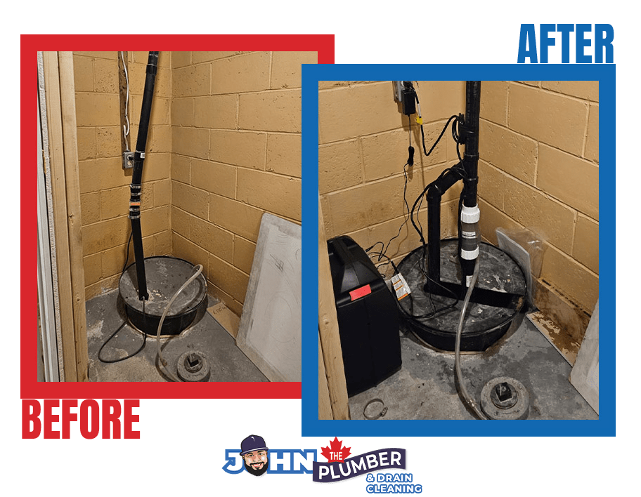Before and after sump pump battery backup installation in Ottawa