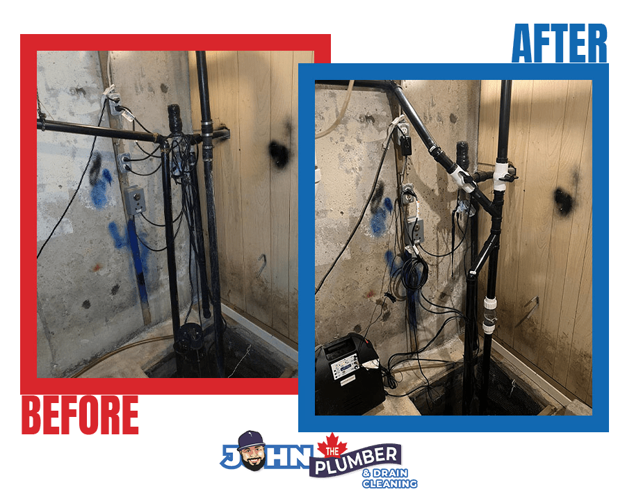 Before and after sump pump repair and battery backup installation in Ottawa
