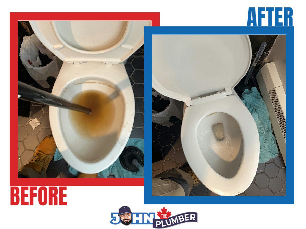 Backed-up toilet drain before and after drain service