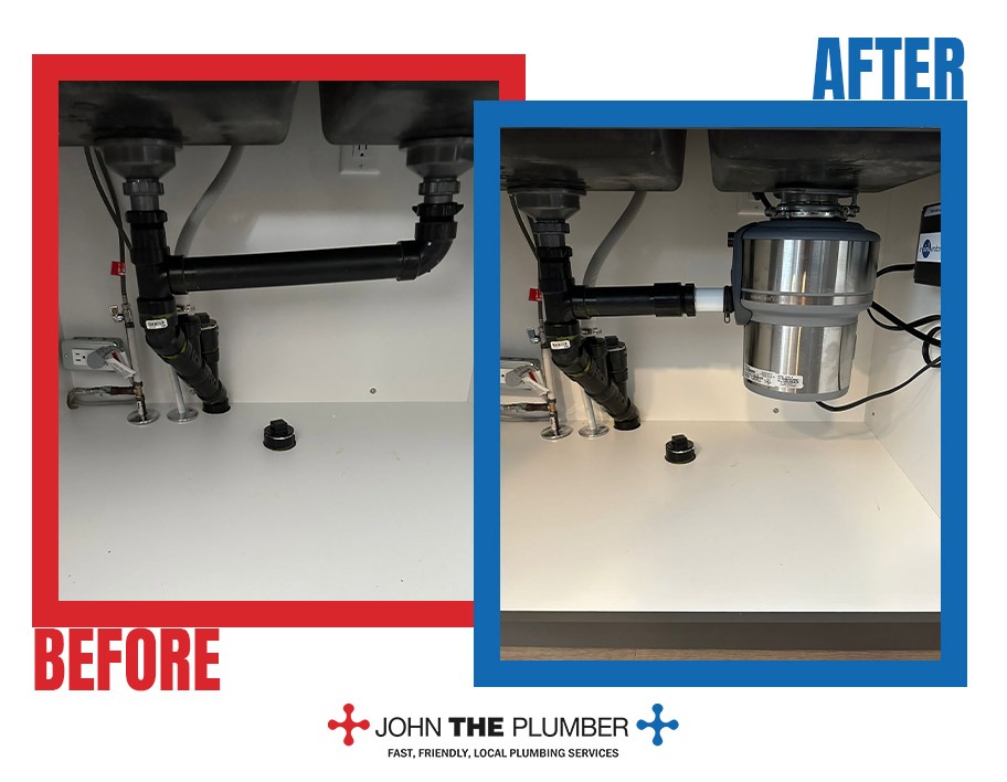 Kitchen garbage disposal installation, before and after, by John The Plumber Kitchen garbage disposal installation, before and after, by John The Plumber