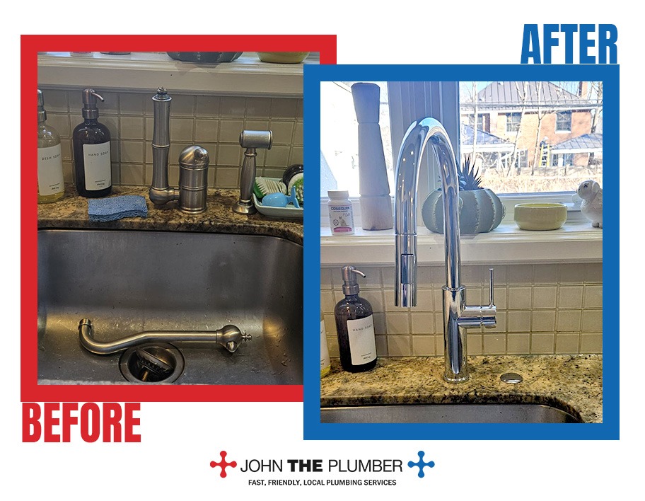 Kitchen faucet replacement, before and after, by John The Plumber Kitchen faucet replacement, before and after, by John The Plumber