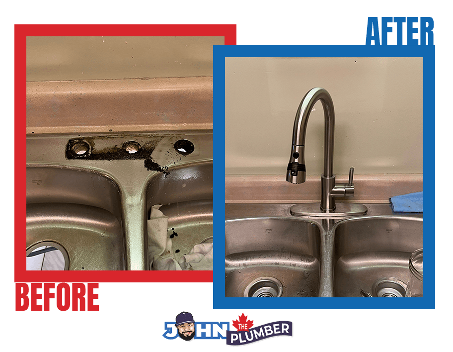 Kitchen faucet install, before and after, by John The Plumber