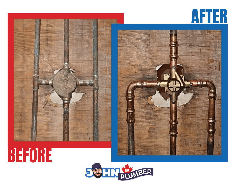 Mixing valve replacement, before and after, by John The Plumber