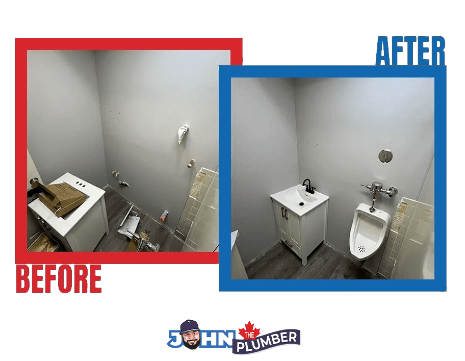 Urinal installation in bathroom, before and after, by John The Plumber