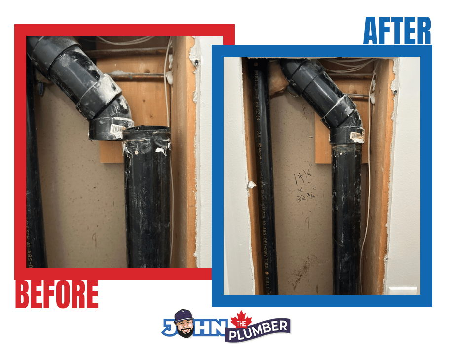 Before and after ABS pipe repair inside wall in Toronto