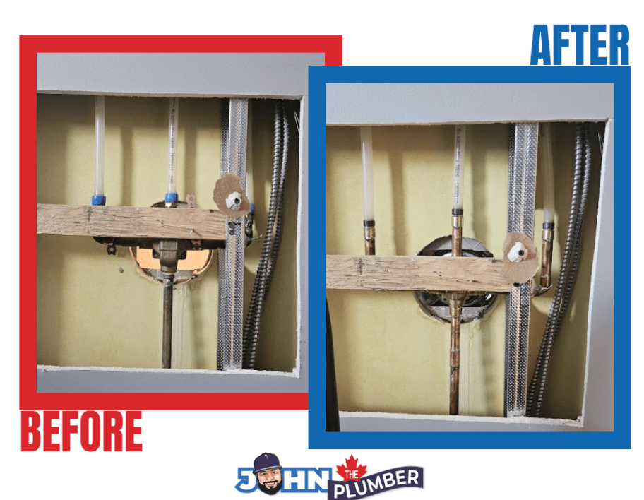Before and after wall pipe repair in Toronto by John The Plumber