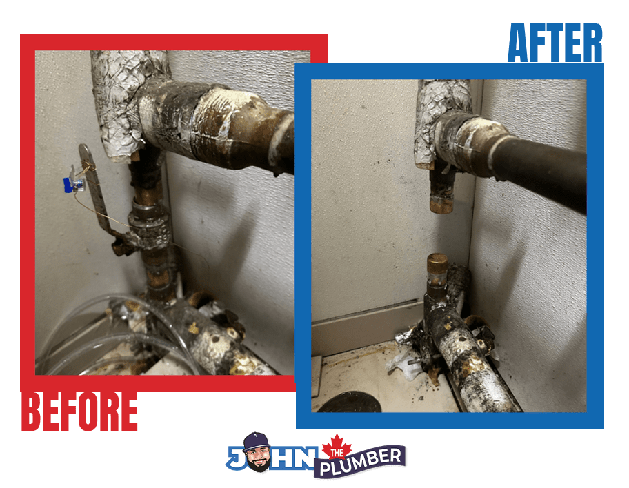 Toronto Plumber before and after pipe repair of a corroded water pipe