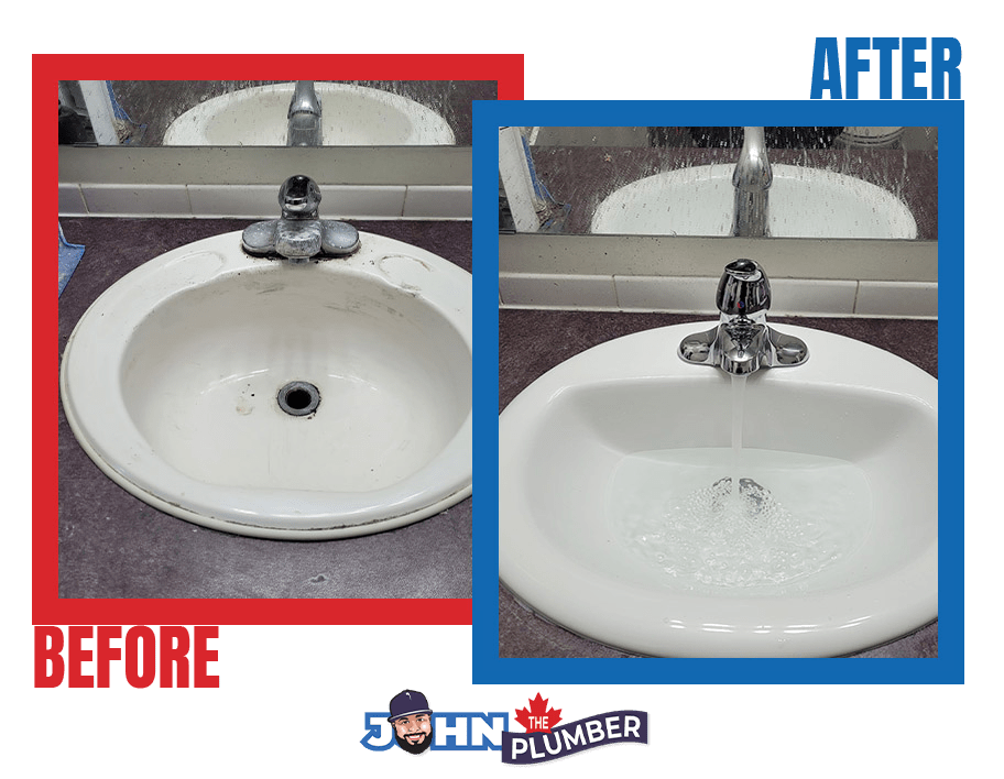 before and after clogged bathroom sink drain toronto