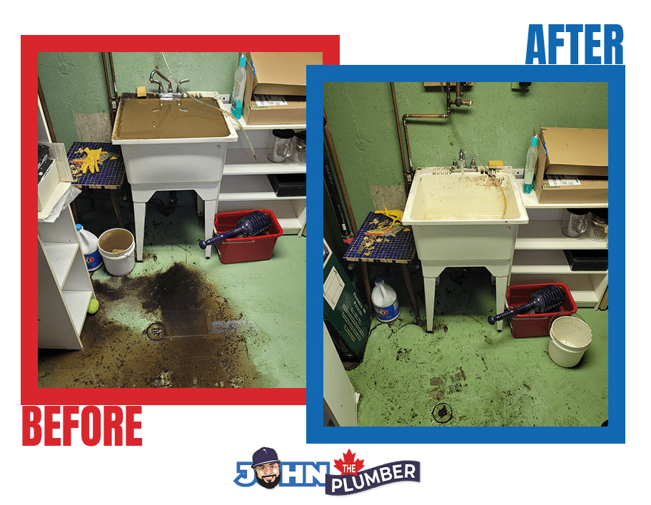 before and after clogged laundry room sink waterloo