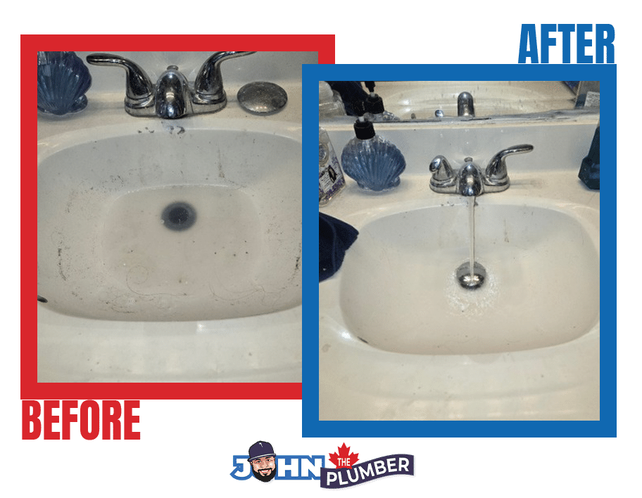 Before and after clogged bathroom sink drain cleaning in Hamilton