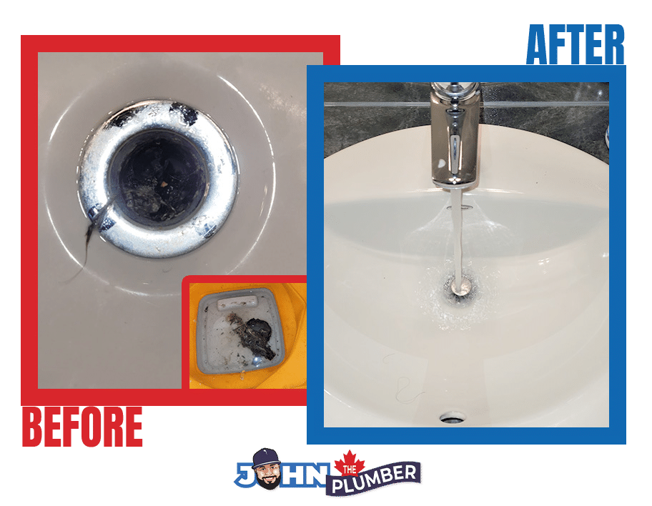 Clogged bathroom sink drain cleaning before and after