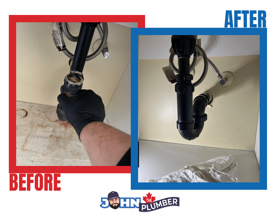 Before and after bathroom sink drain and trap plumbing service in Barrhaven