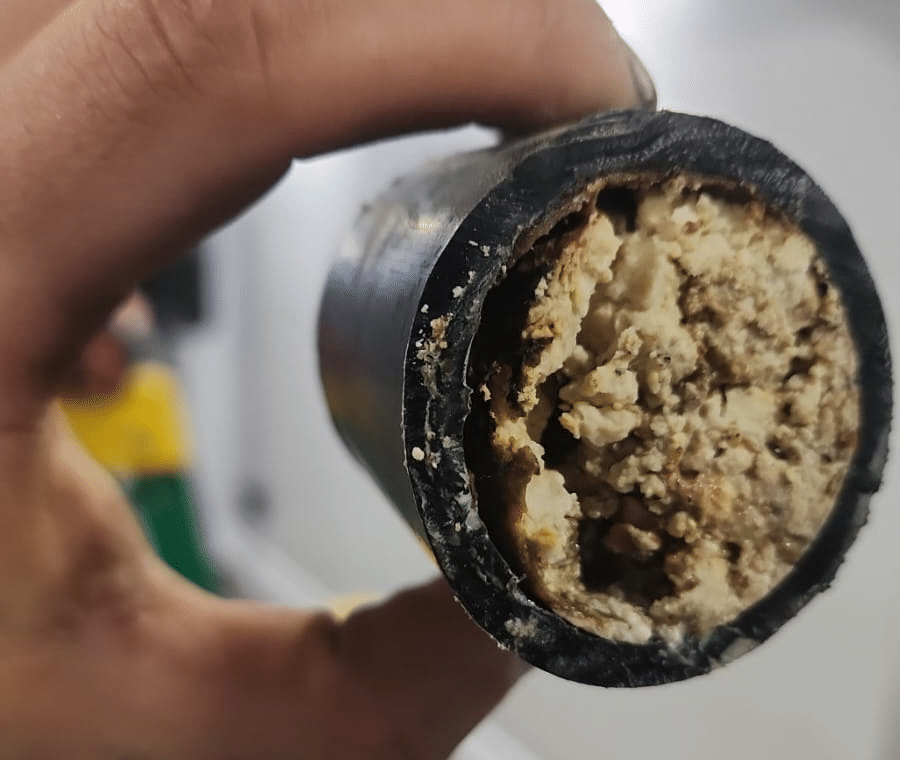 Plumber showing buildup removed from kitchen sink drain pipe in Hamilton