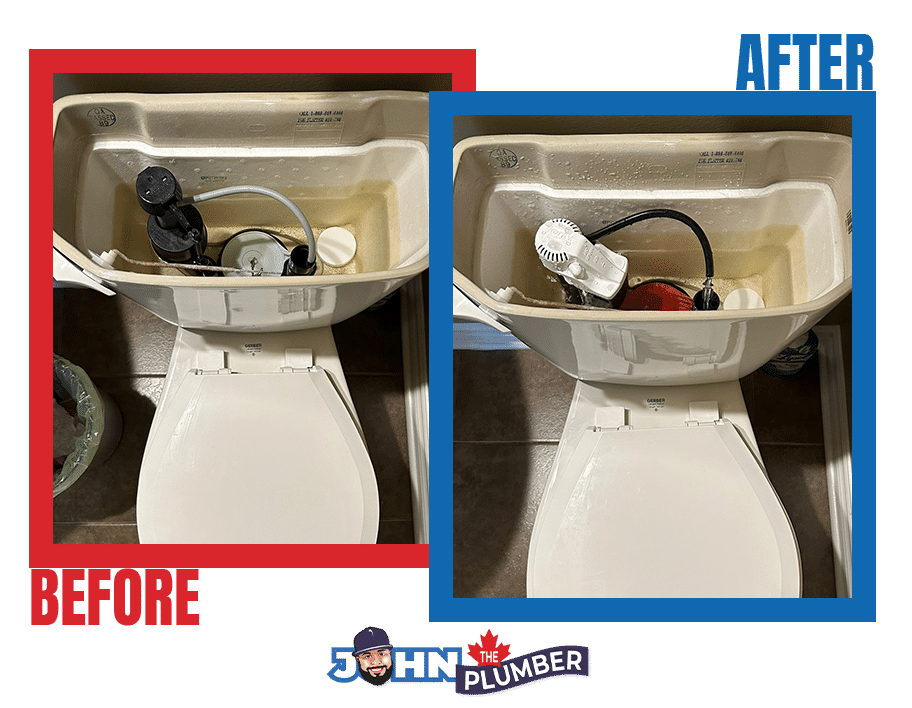 Before and after toilet flapper and fill valve replacement in Corktown Hamilton