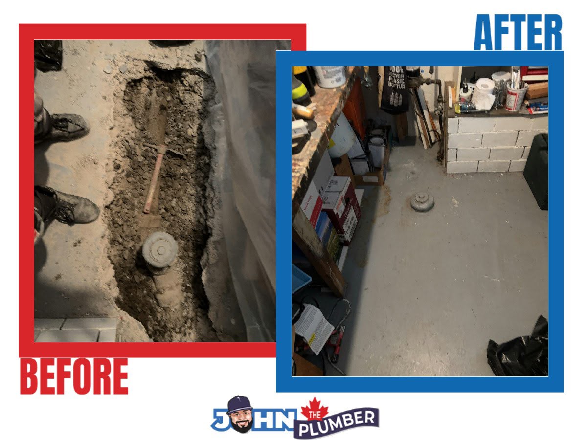 Before and after photos of a backwater valve and alarm installation with concrete floor restoration in McKellar Heights, Ottawa West