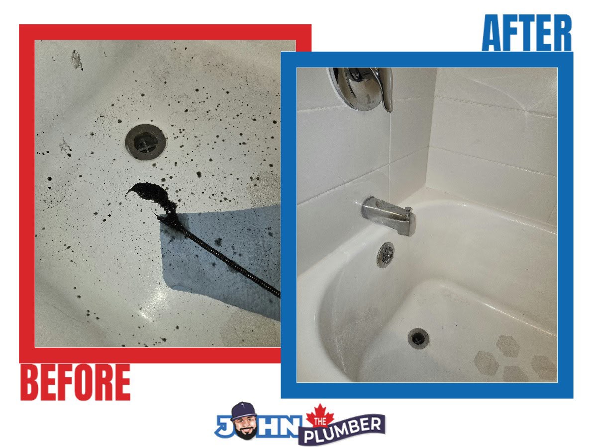 Before and after bathtub drain clearing with a drain snake in Riverdale East, Hamilton