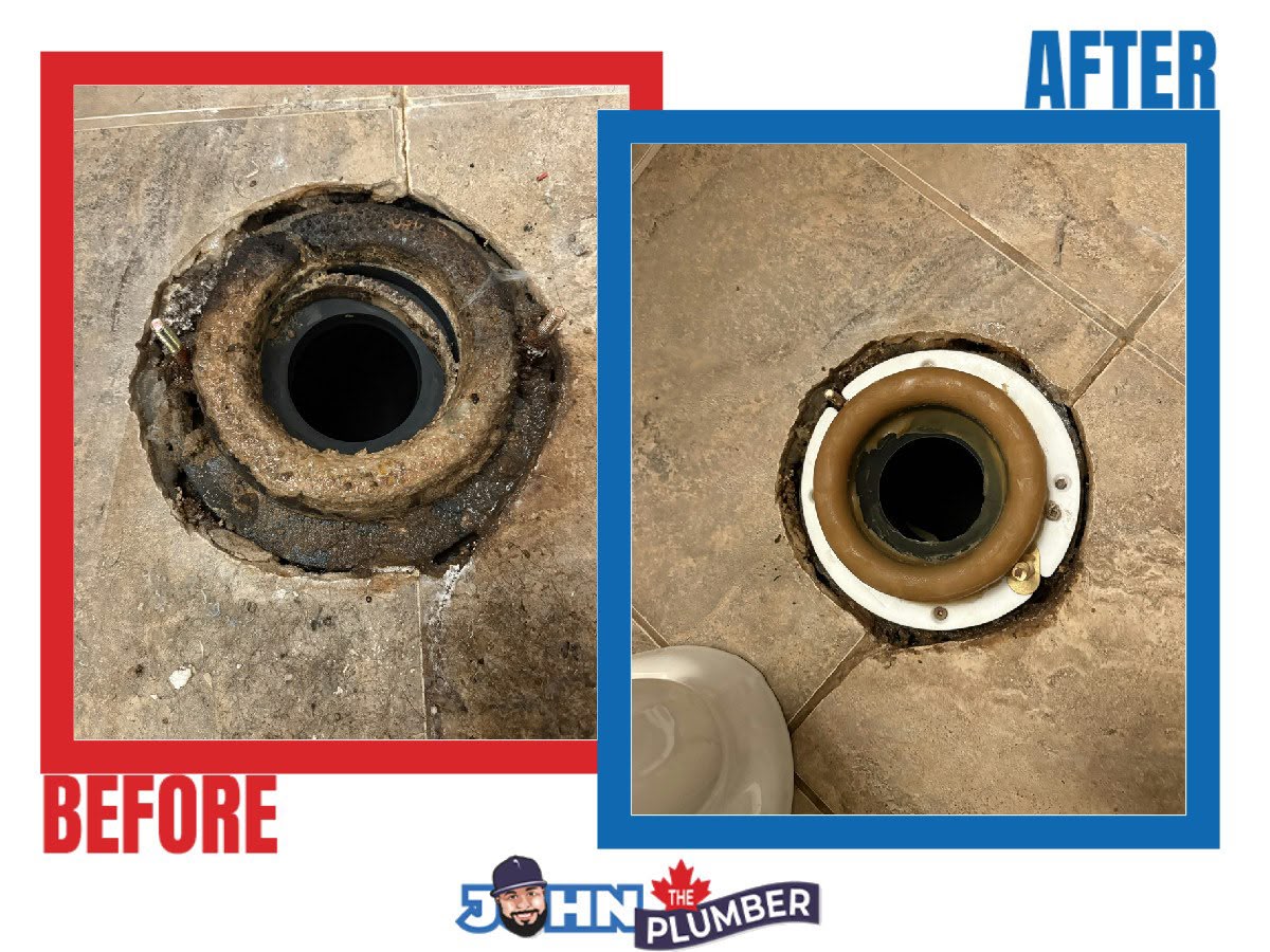 Before and after toilet flange repair with a new wax ring in Landsdale, Hamilton