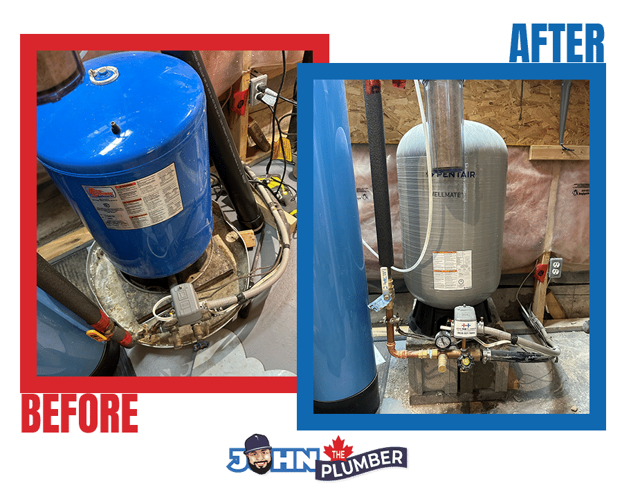 Before-and-after photographs of pressure tank replacement work by John The Plumber