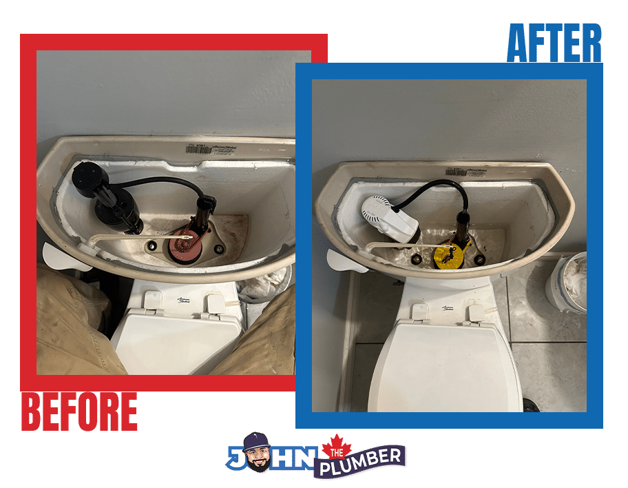 Before and after photos showing changes to toilet tank components during a plumbing repair