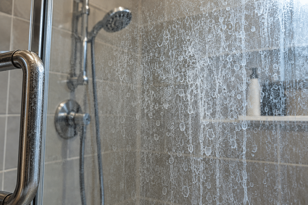 Cloudy shower glass covered in white mineral deposits and hard water stains