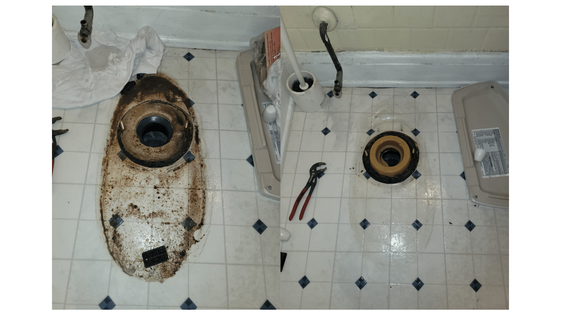 Exposed toilet flange and drain connection during a plumbing repair