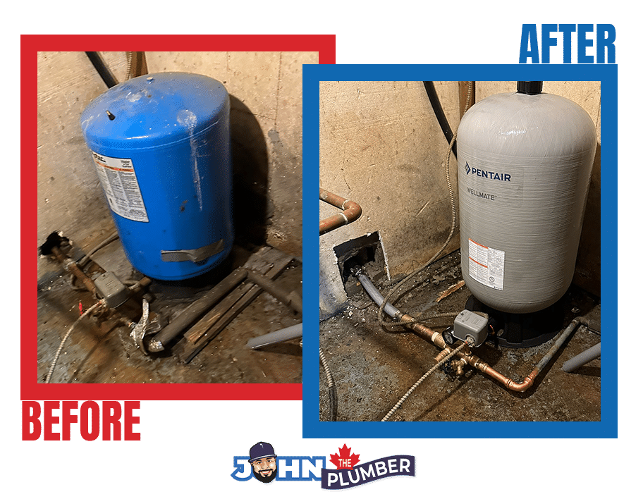 Before and after photographs of a residential well pressure tank replacement by John The Plumber