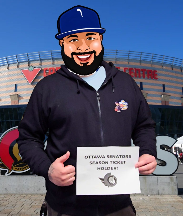 John The Plumber team member holding an Ottawa Senators season ticket holder sign