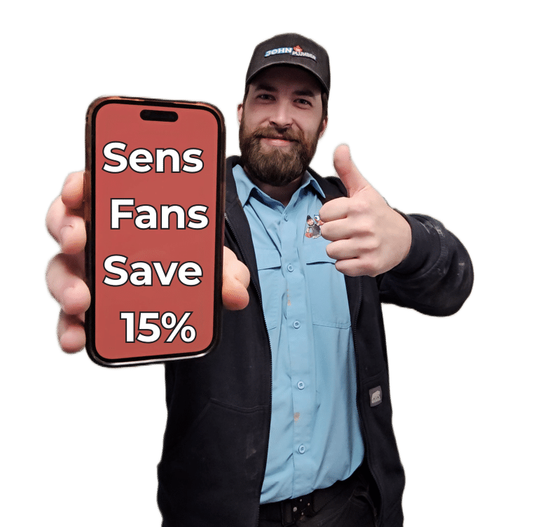 John The Plumber team member holding a phone advertising Sens Fans Save 15%