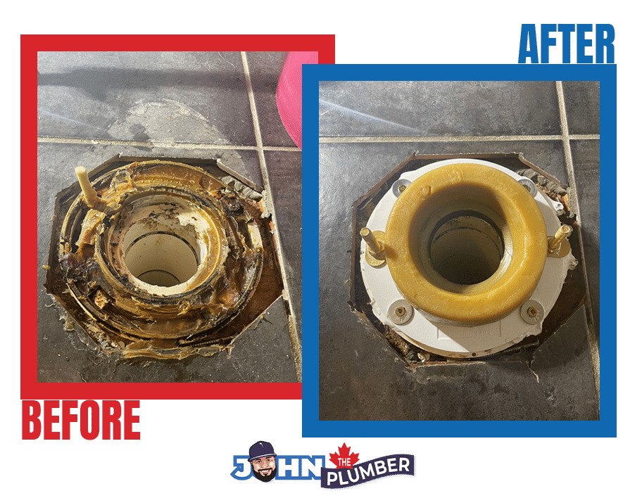 Before and after toilet leak diagnosis and wax seal repair in East Mountain Hamilton
