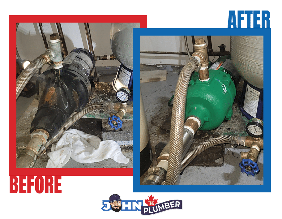 Before and after photographs of an old black residential well jet pump replaced with a green jet pump by John The Plumber