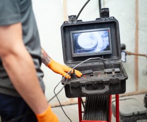 plumber performing camera drain inspection